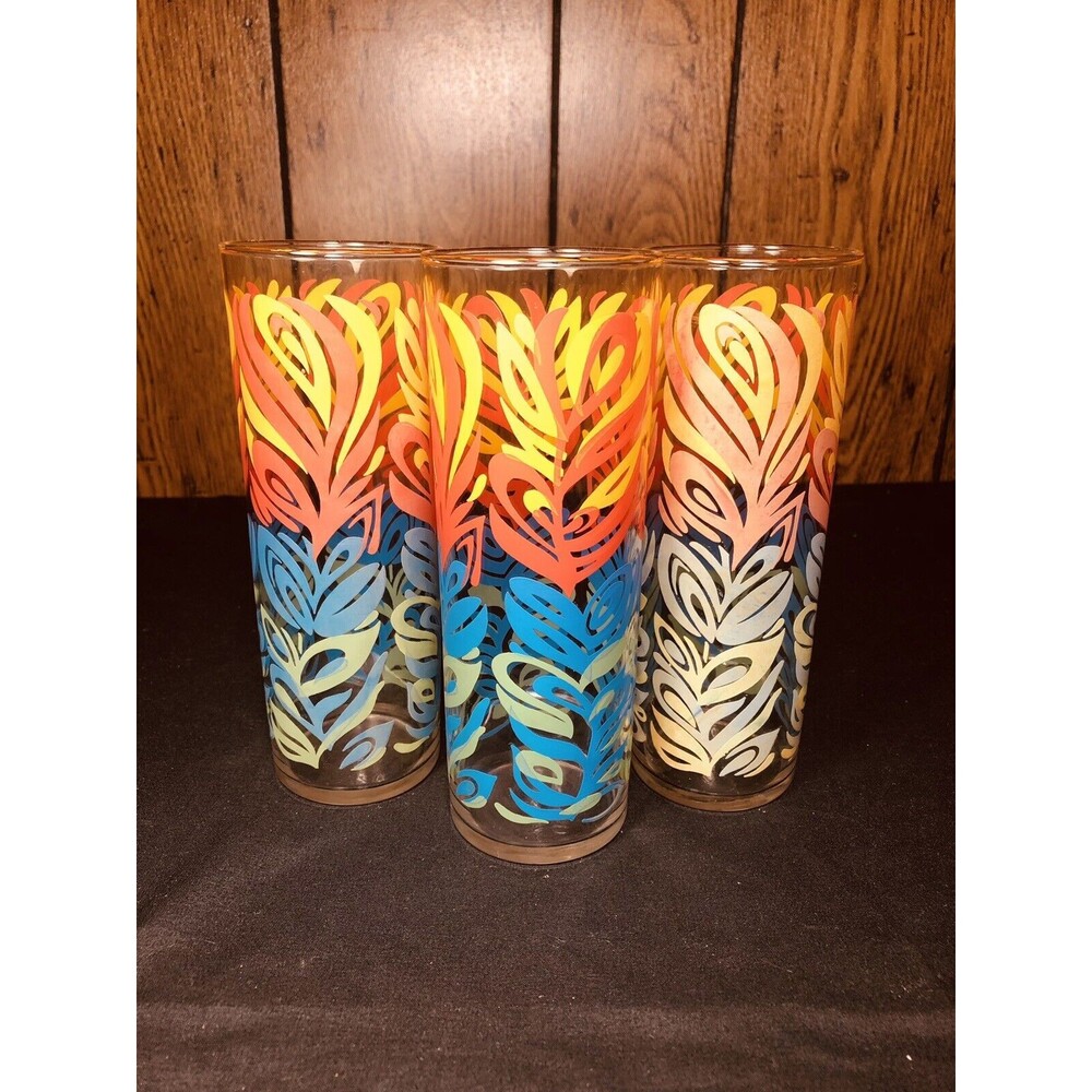 Highball Art Deco Glasses Set Of 4 Blue Green Yellow Orange Feather Damaged 7”